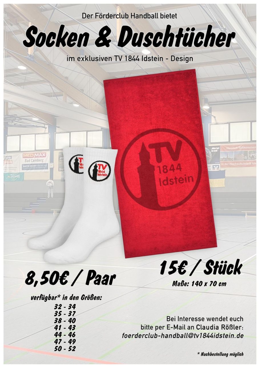 Socken und Badetücher mit Preisen, beworben für den TV Idstein.